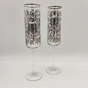 Two Silver Patterned Floral Champagne Flutes – 9.5” – Wedding / Anniversary